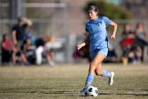 Foothill forward Aly Papka dribbles before scoring a goal on Doral Academy during a girls high ...