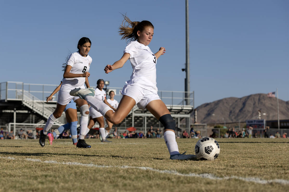 Doral’s Ryan Hedin (3) moves the ball away from her team’s goal during a girls hi ...