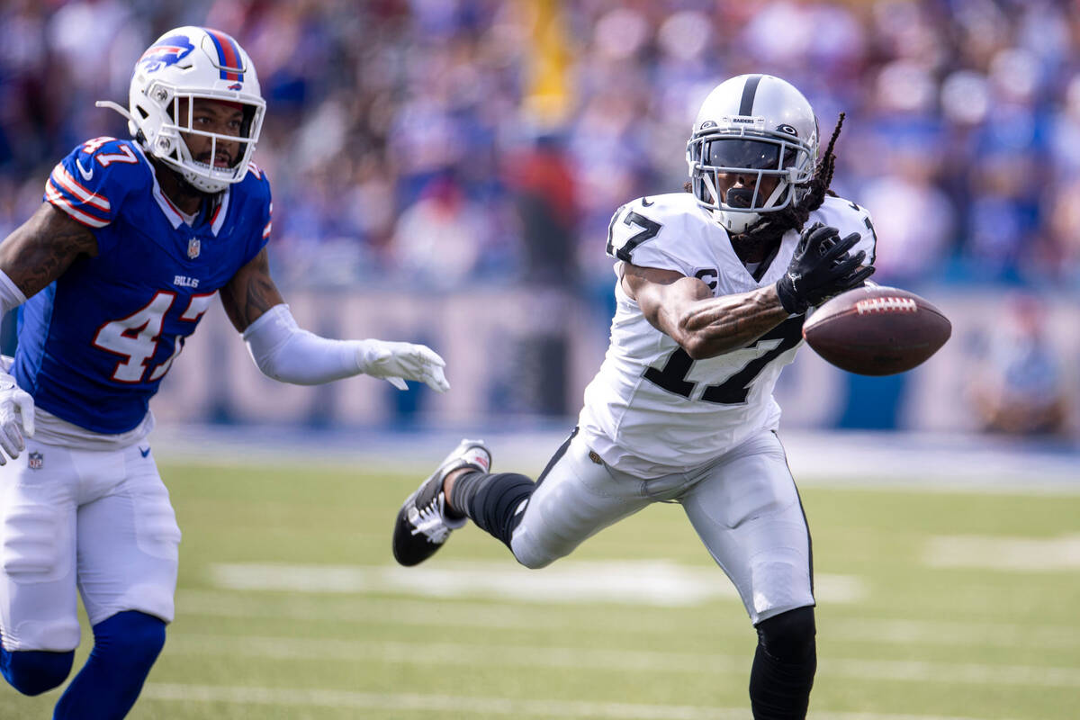 Raiders wide receiver Davante Adams (17) can’t haul in a pass with Buffalo Bills cornerb ...