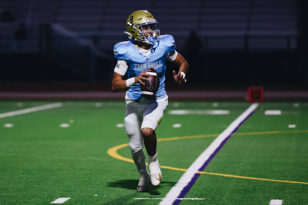 Foothill quarterback Mason Dew looks to pass the ball to a teammate during a game against Las V ...