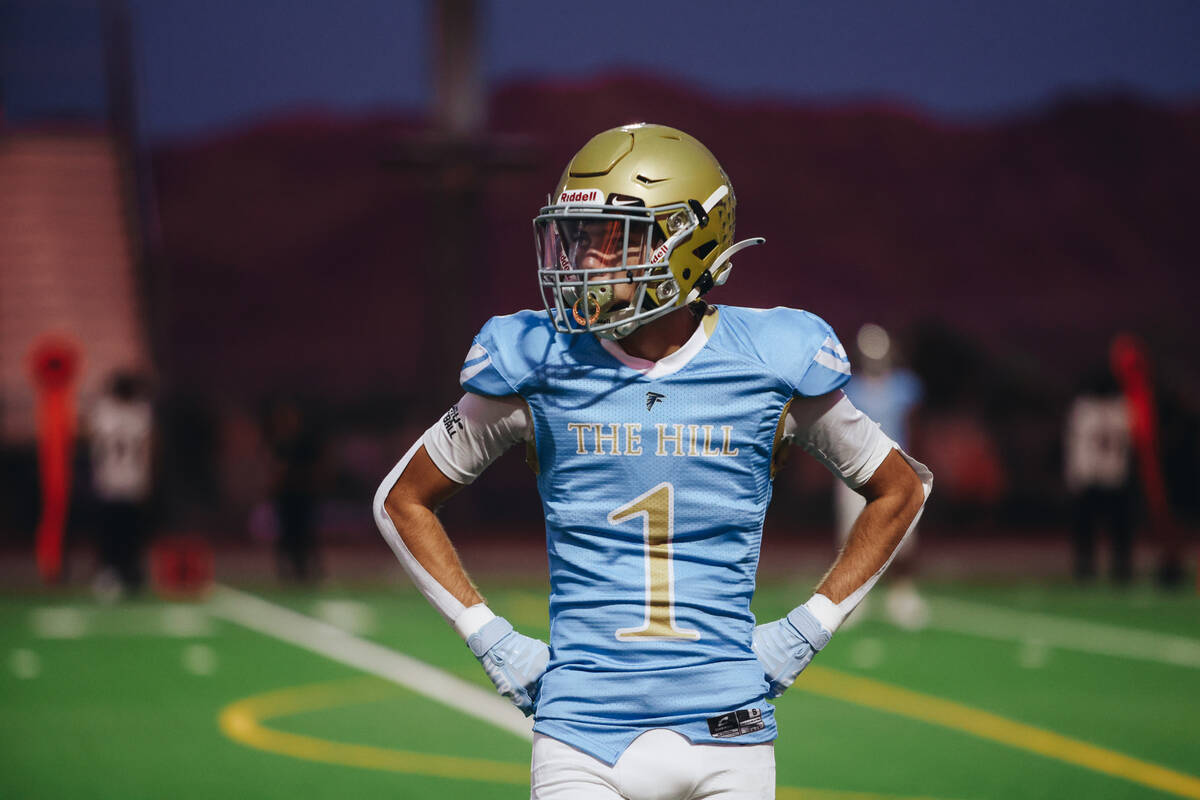 Foothill free safety Travis Kenzevich (1) waits during a stop in play during a game against Las ...
