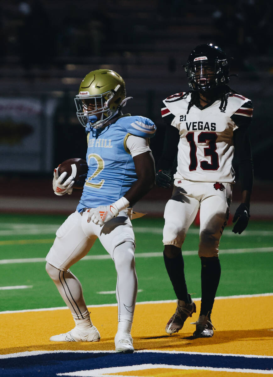 Foothill wide receiver Tarrell Mack-Lovely (2) celebrates a touchdown in the end zone during a ...