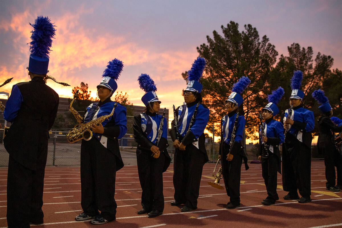 The Desert Pines marching band lines up before their halftime show during the first half of a h ...