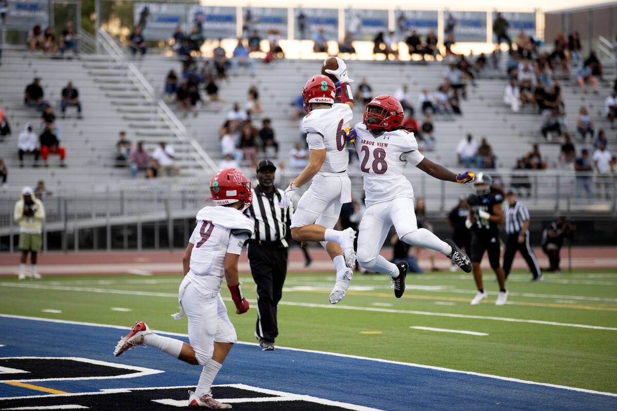 Arbor View wide receiver Jayden Williams (6) and running back Nylen Johnson (28) celebrate Will ...