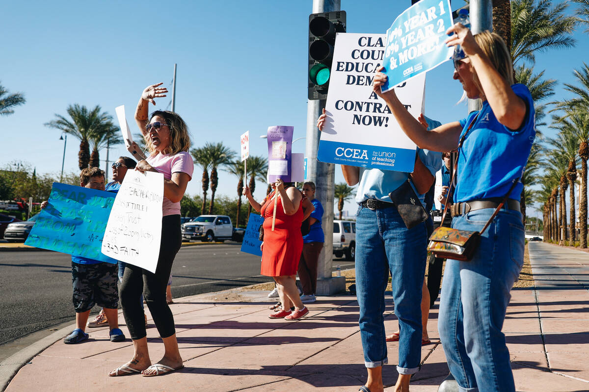 Demonstrators protest in support of the Clark County Education Association teachers union at th ...