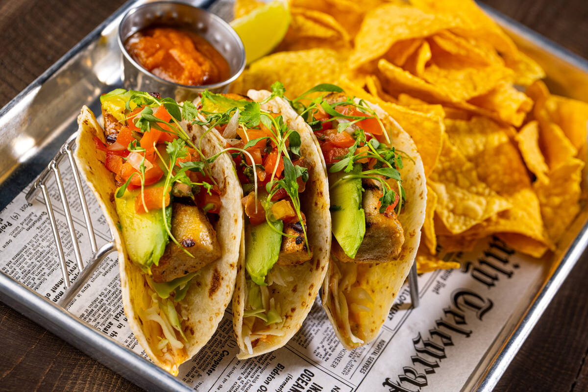 For National Taco Day on Oct. 4, 2023, Tailgate Social in Palace Station is serving fish tacos ...