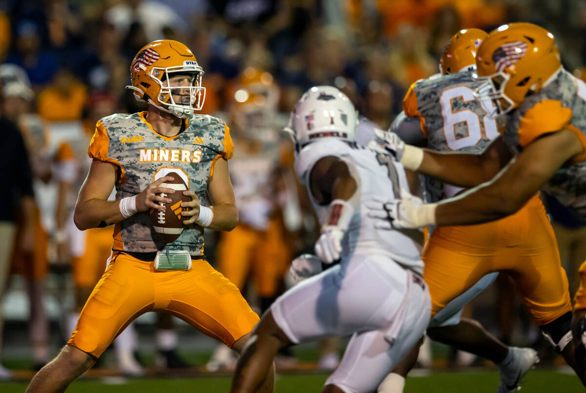 UTEP quarterback Gavin Hardison looks to throw a pass during the first half of an NCAA college ...