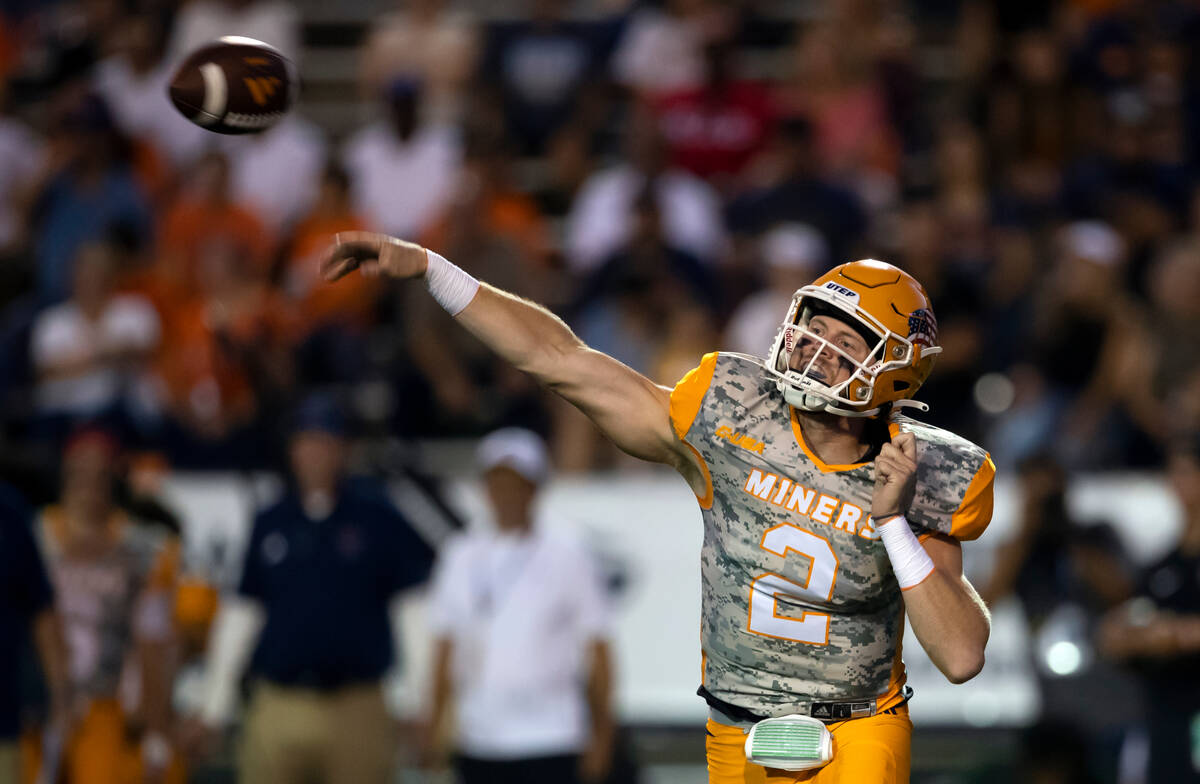 UTEP quarterback Gavin Hardison throws a pass during the first half of an NCAA college football ...
