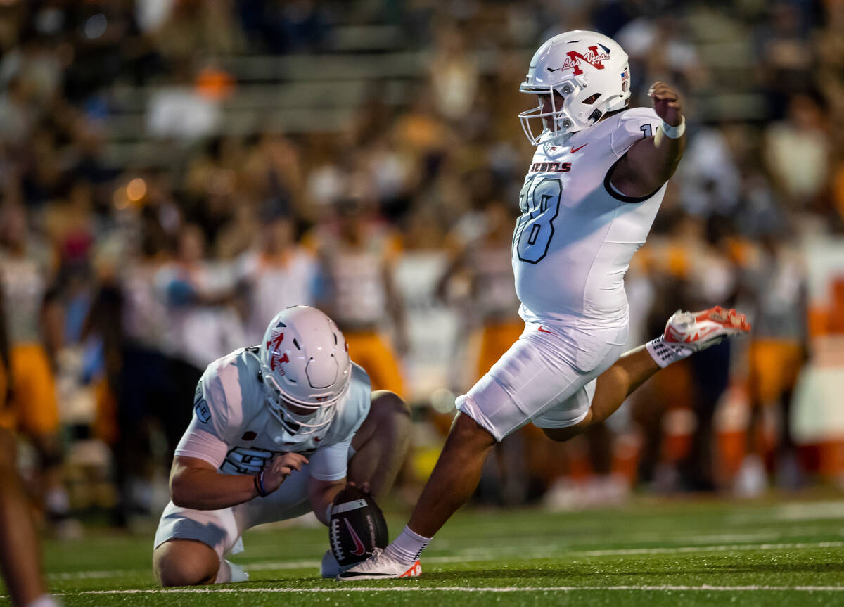 UNLV place kicker Jose Pizano (18) kicks a field goal against UTEP during the first half of an ...