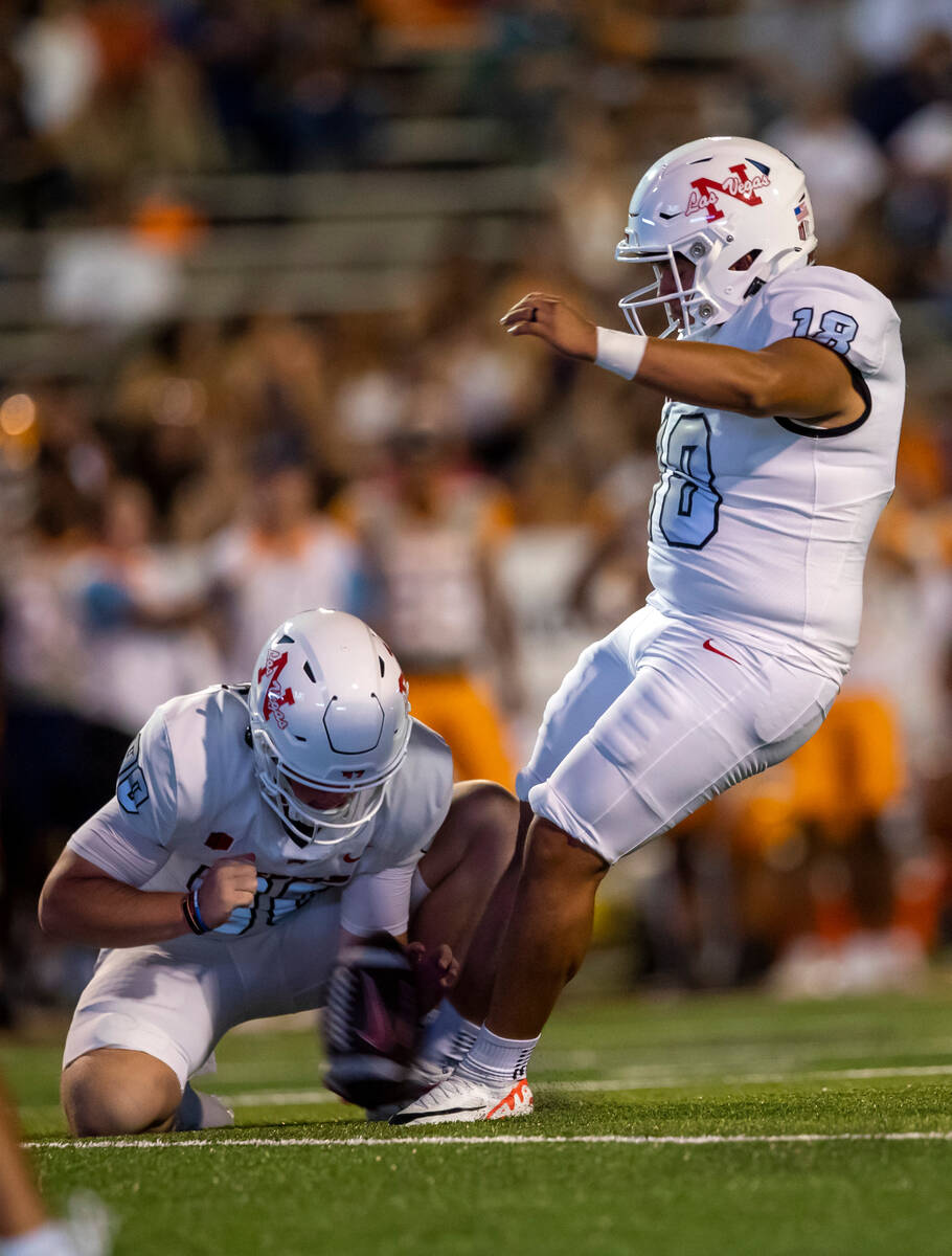 UNLV place kicker Jose Pizano (18) kicks a field goal against UTEP during the first half of an ...
