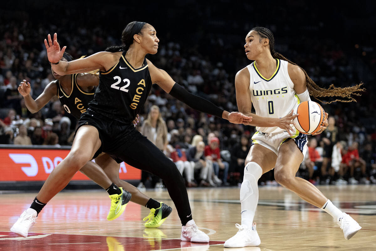 Las Vegas Aces forward A'ja Wilson (22) defends against Dallas Wings forward Satou Sabally (0) ...