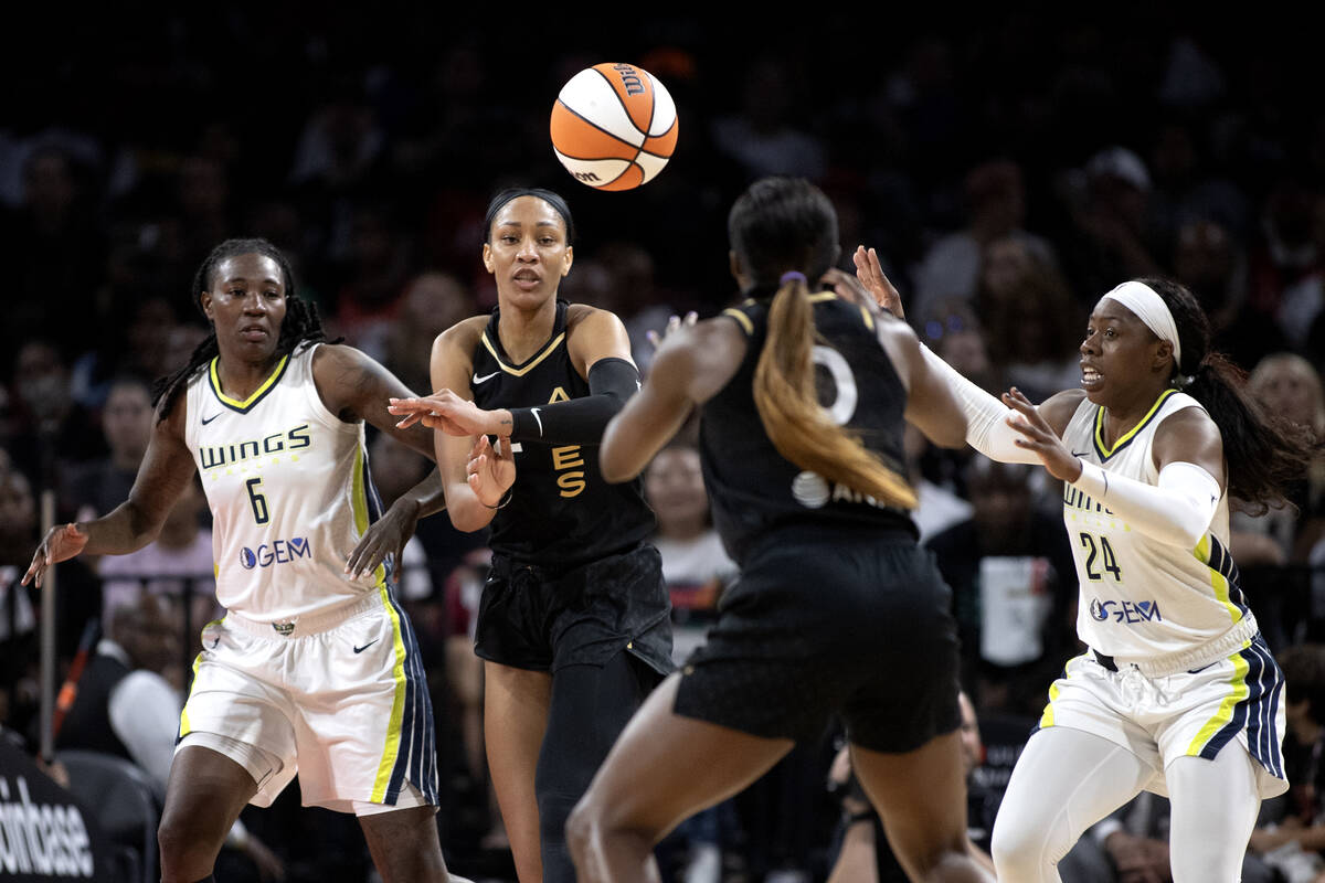 Las Vegas Aces forward A'ja Wilson, center left, passes to guard Jackie Young (0) while Dallas ...