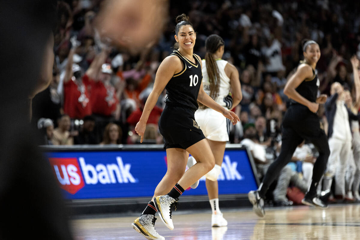 Las Vegas Aces guard Kelsey Plum (10) celebrates after scoring during the second half in Game 1 ...