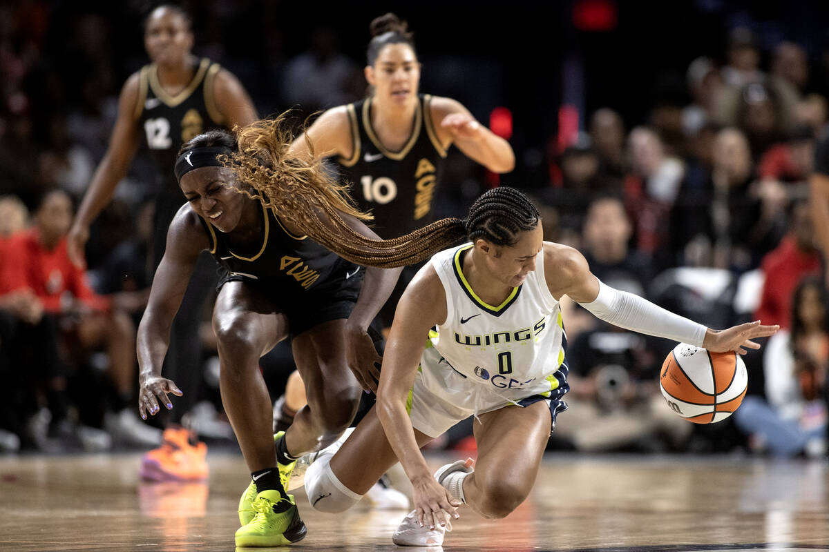 Las Vegas Aces guard Jackie Young (0) and Dallas Wings forward Satou Sabally (0) tangle over th ...