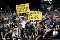 Pittsburgh Steelers fans hold signs before an NFL football game between the Steelers and the La ...