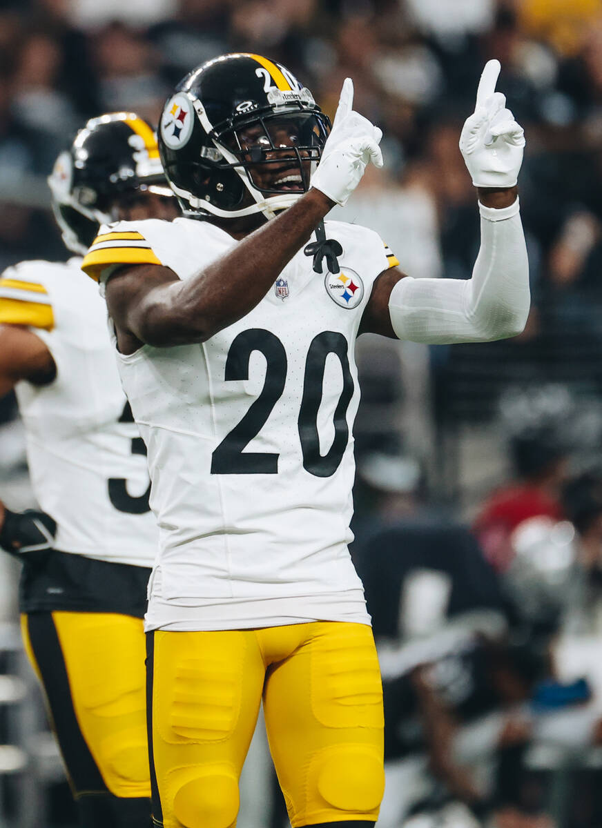 Pittsburgh Steelers cornerback Patrick Peterson (20) celebrates a sack by one of his teammates ...