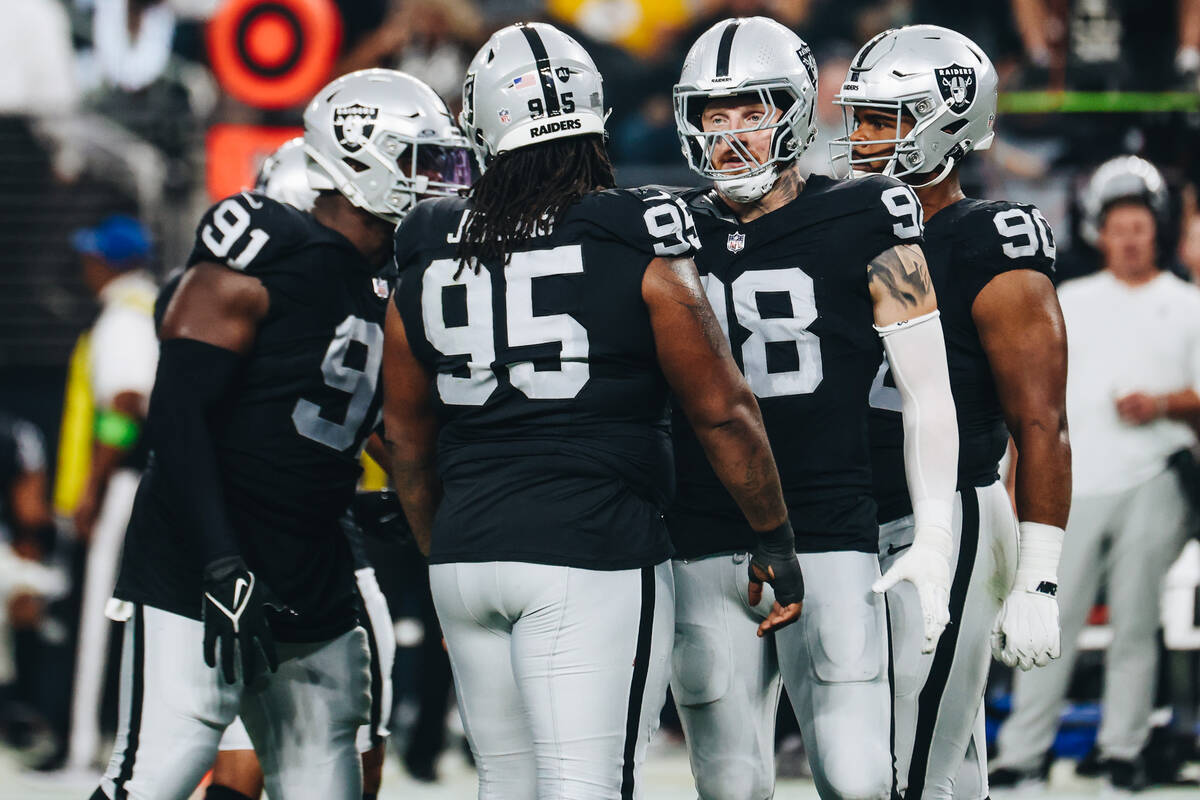 Raiders defensive end Maxx Crosby (98) regroups with his teammates during the second half of a ...