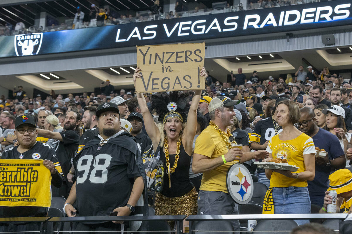 A Pittsburgh Steelers fan holds up a sign during the first half an NFL game against the Raiders ...