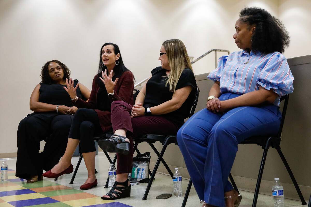 Amanda Simons, a social worker for Clark County School District, speaks during a mental health ...