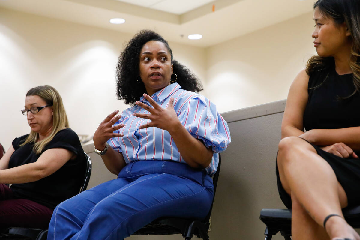 Alea Allen, an English teacher for Clark County School District, speaks to a panel of other tea ...