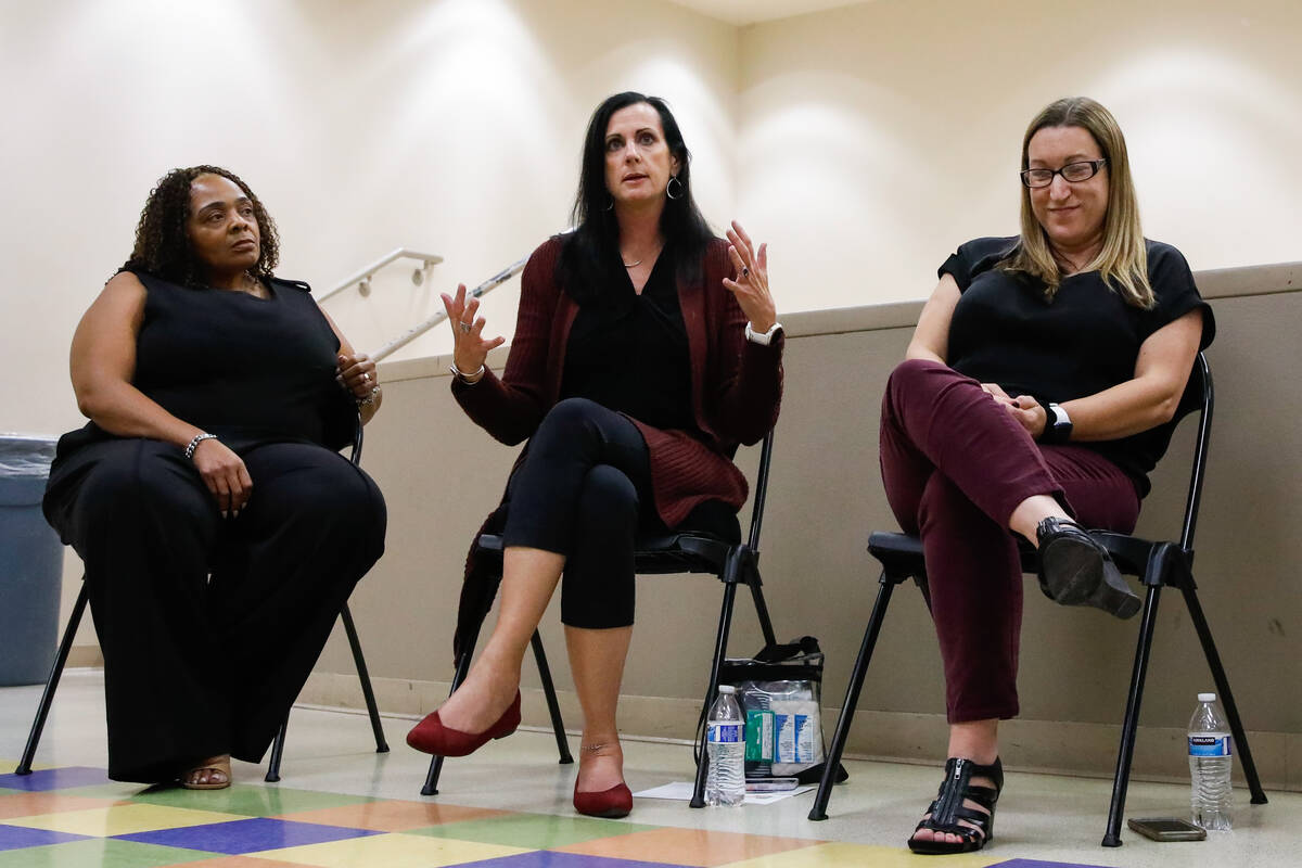 Amanda Simons, a social worker for Clark County School District, speaks during a mental health ...