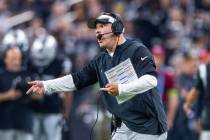 Raiders Head Coach Josh McDaniels argues a penalty call in favor of the Pittsburgh Steelers dur ...