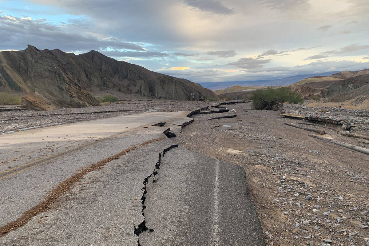 Flood damage on state Route 190 between Zabriskie Point and Furnace Creek in Death Valley Natio ...