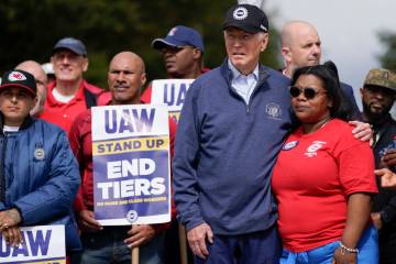 President Joe Biden joins striking United Auto Workers on the picket line, Tuesday, Sept. 26, 2 ...