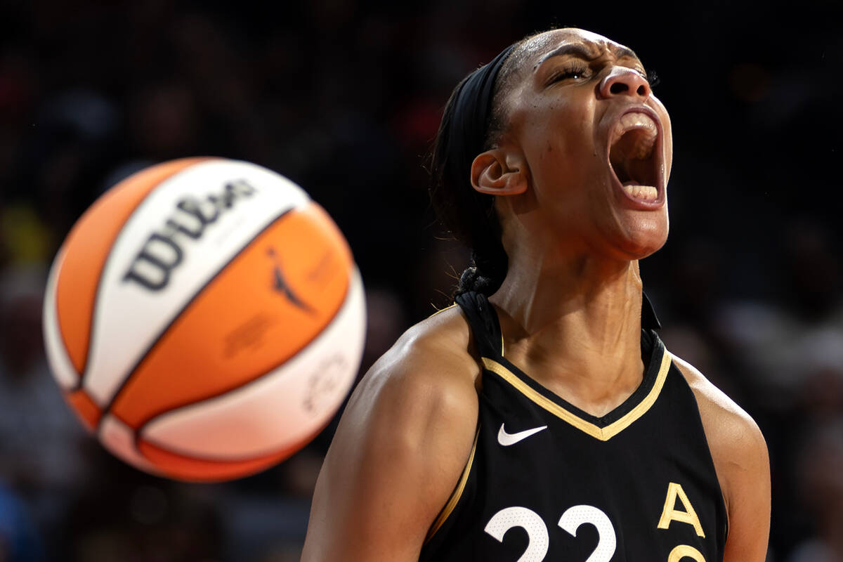 Las Vegas Aces forward A'ja Wilson (22) celebrates after the Dallas Wings fouled her during the ...
