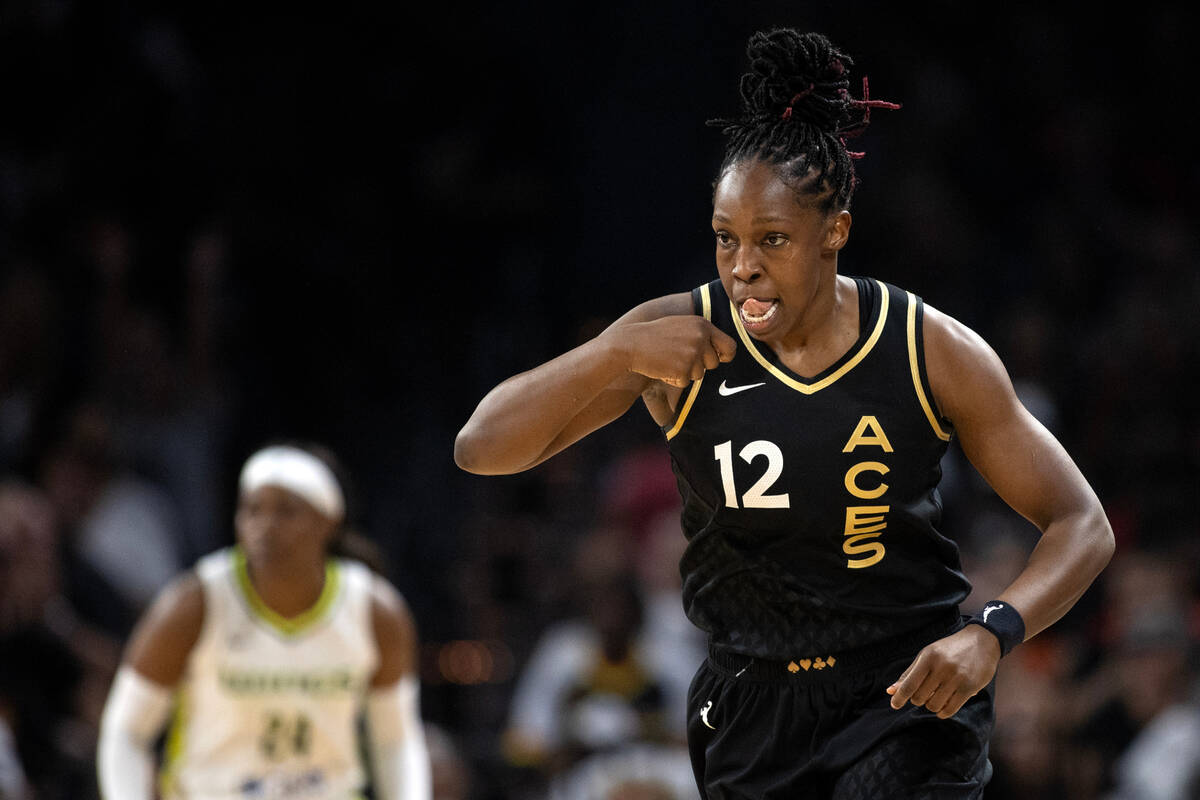 Las Vegas Aces guard Chelsea Gray (12) celebrates after scoring during the first half in Game 2 ...