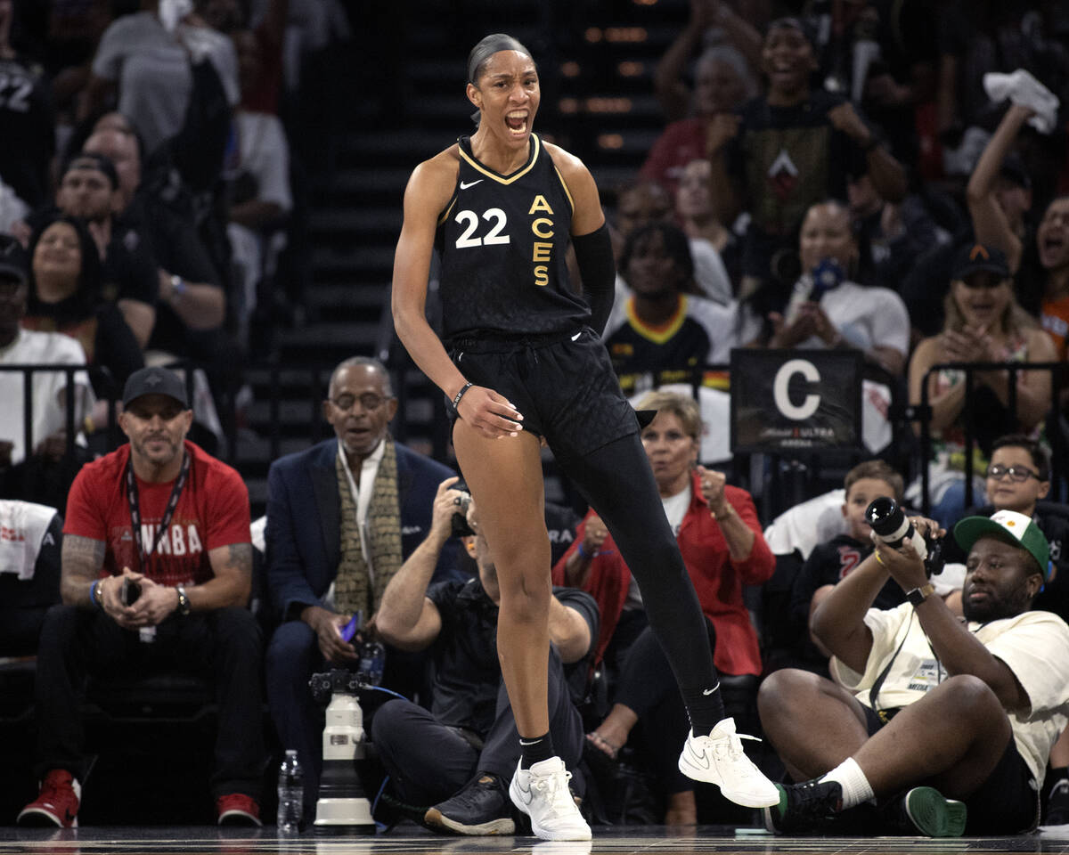 Las Vegas Aces forward A'ja Wilson (22) celebrates after scoring during the first half in Game ...