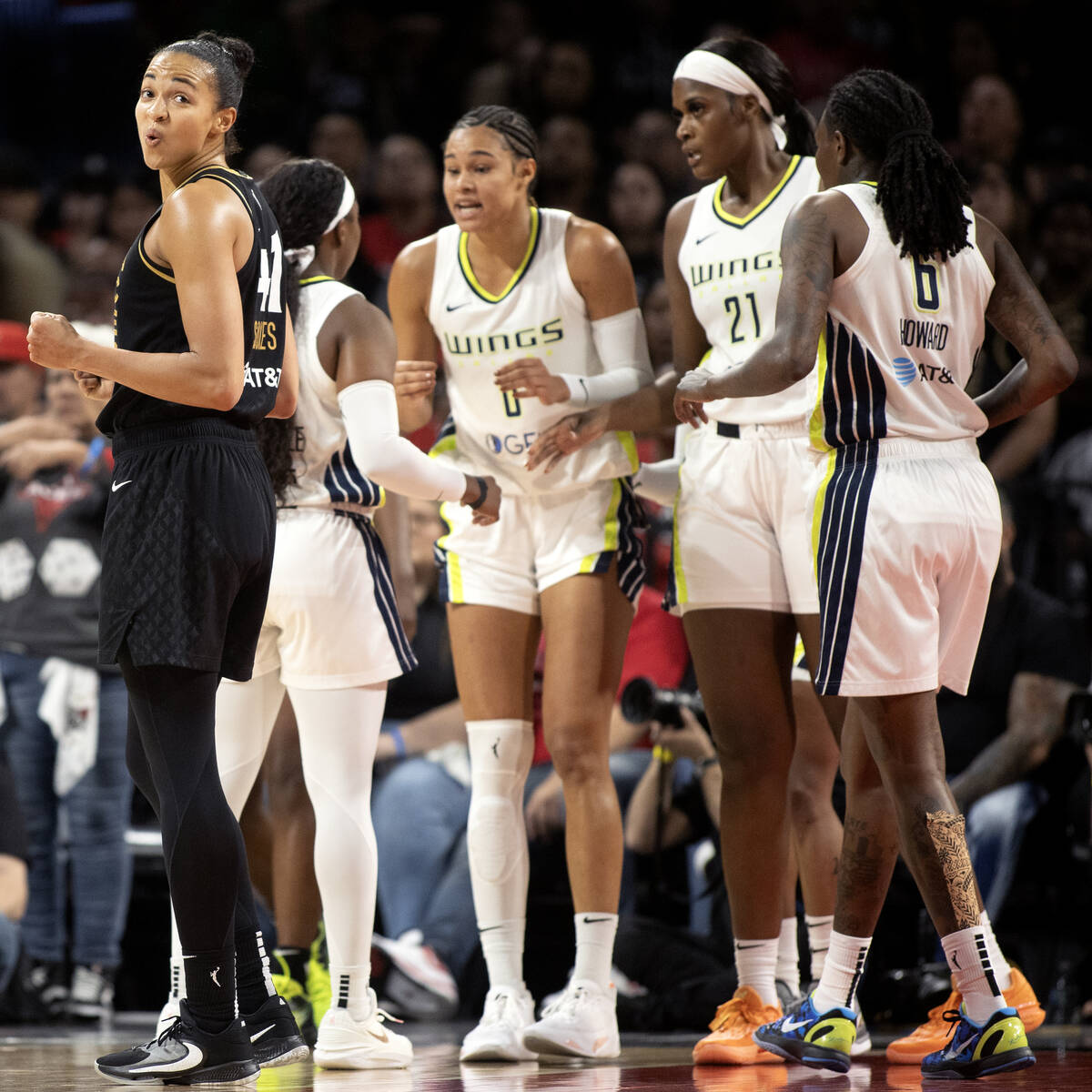 Las Vegas Aces center Kiah Stokes (41) reacts after referees gave her team a foul while the Dal ...