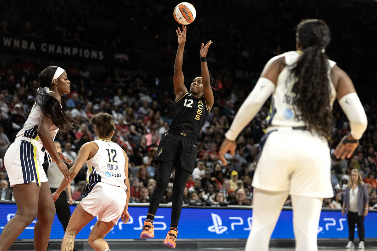 Las Vegas Aces guard Chelsea Gray (12) shoots against the Dallas Wings during the second half i ...