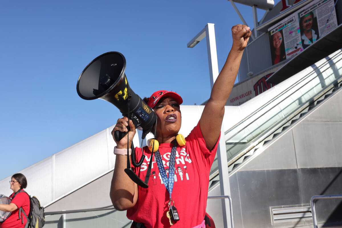 Flamingo guest room attendant Diana Thomas gets fellow Culinary Union members fired up ahead of ...