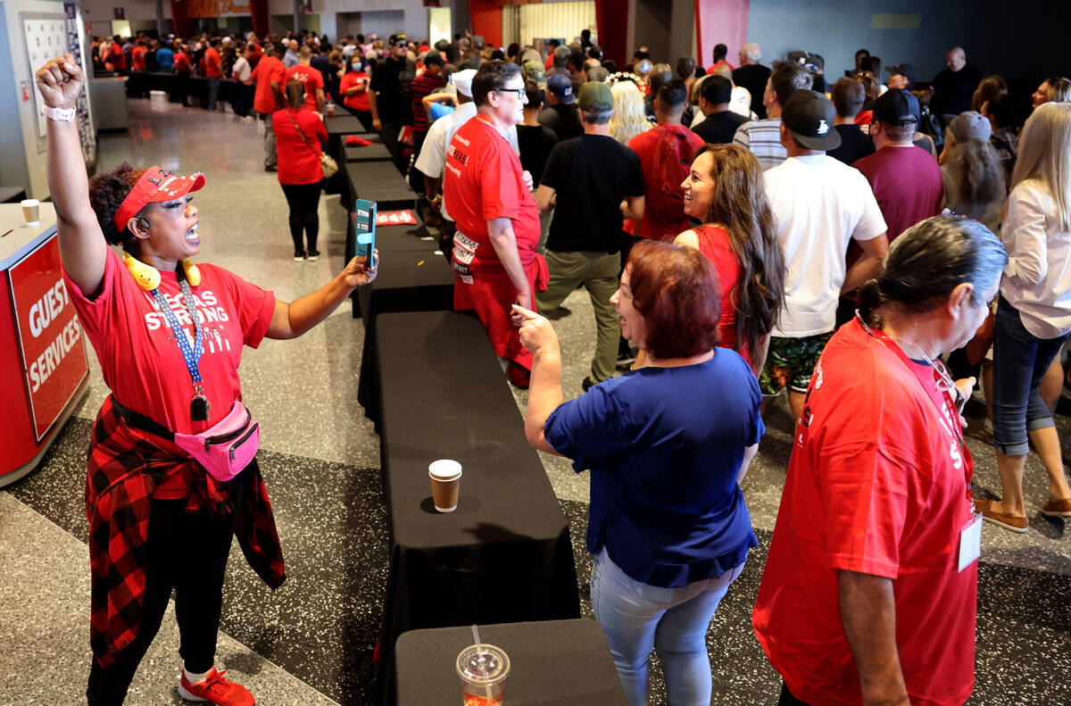 Flamingo guest room attendant Diana Thomas gets fellow Culinary Union members fired up ahead of ...