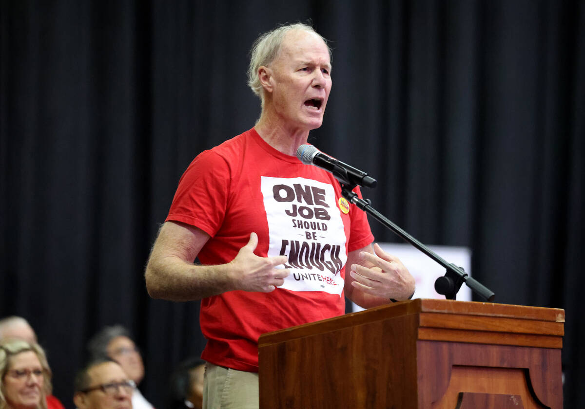 Unite Here President, D. Taylor speaks ahead of a Culinary Union strike vote at Thomas & Ma ...