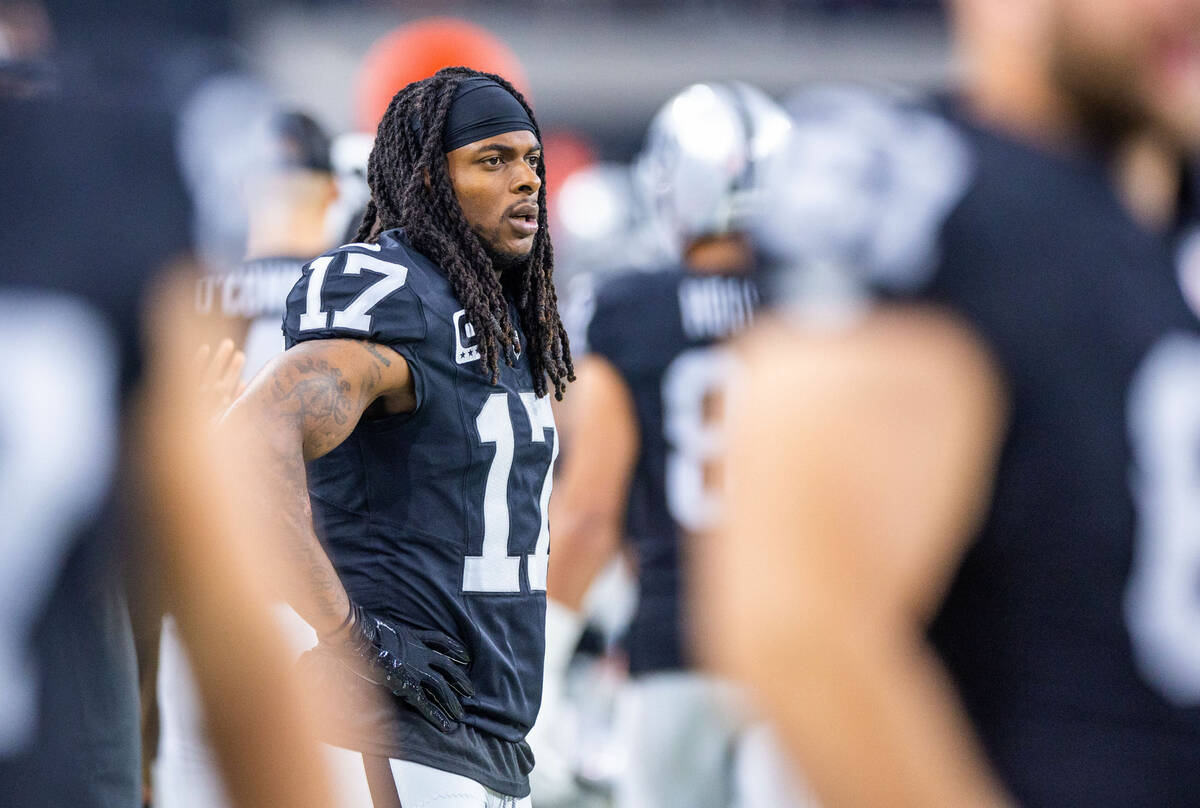 Raiders wide receiver Davante Adams (17) on the sidelines waiting for an offensive series again ...