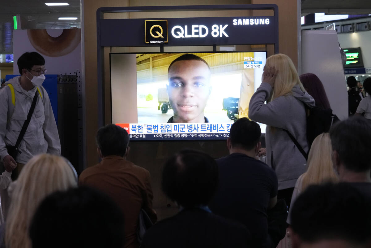 A TV screen shows a file image of American soldier Travis King during a news program at the Seo ...