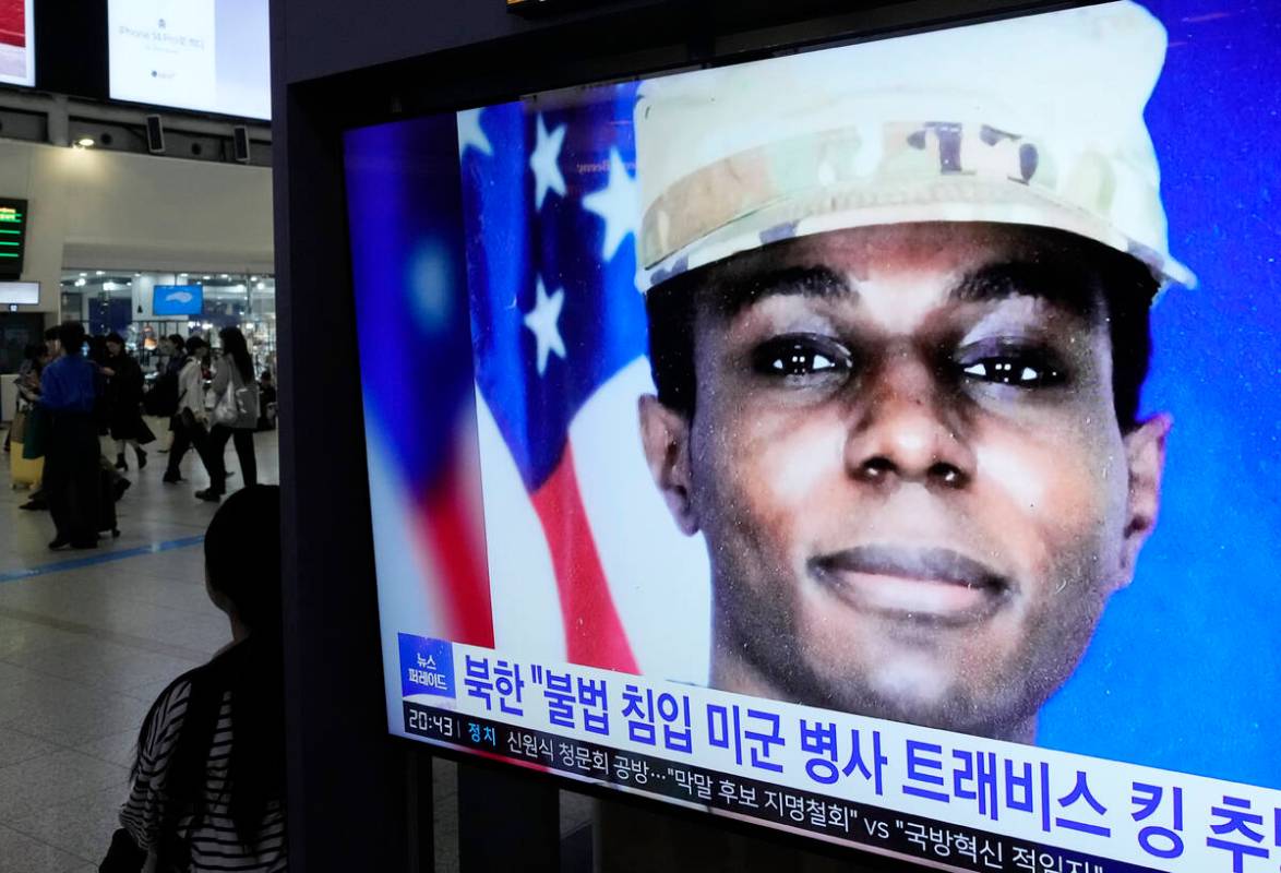 A TV screen shows a file image of American soldier Travis King during a news program at the Seo ...