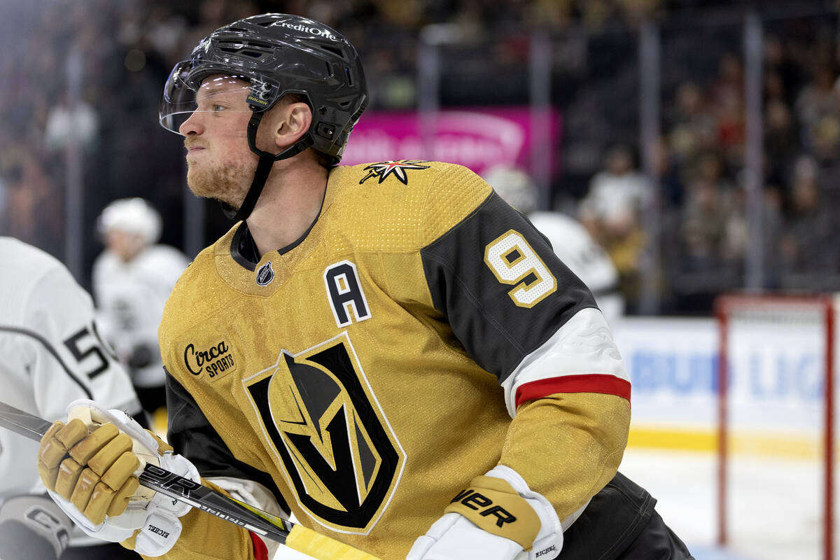 Golden Knights center Jack Eichel (9) reacts after his shot on goal was unsuccessful during the ...