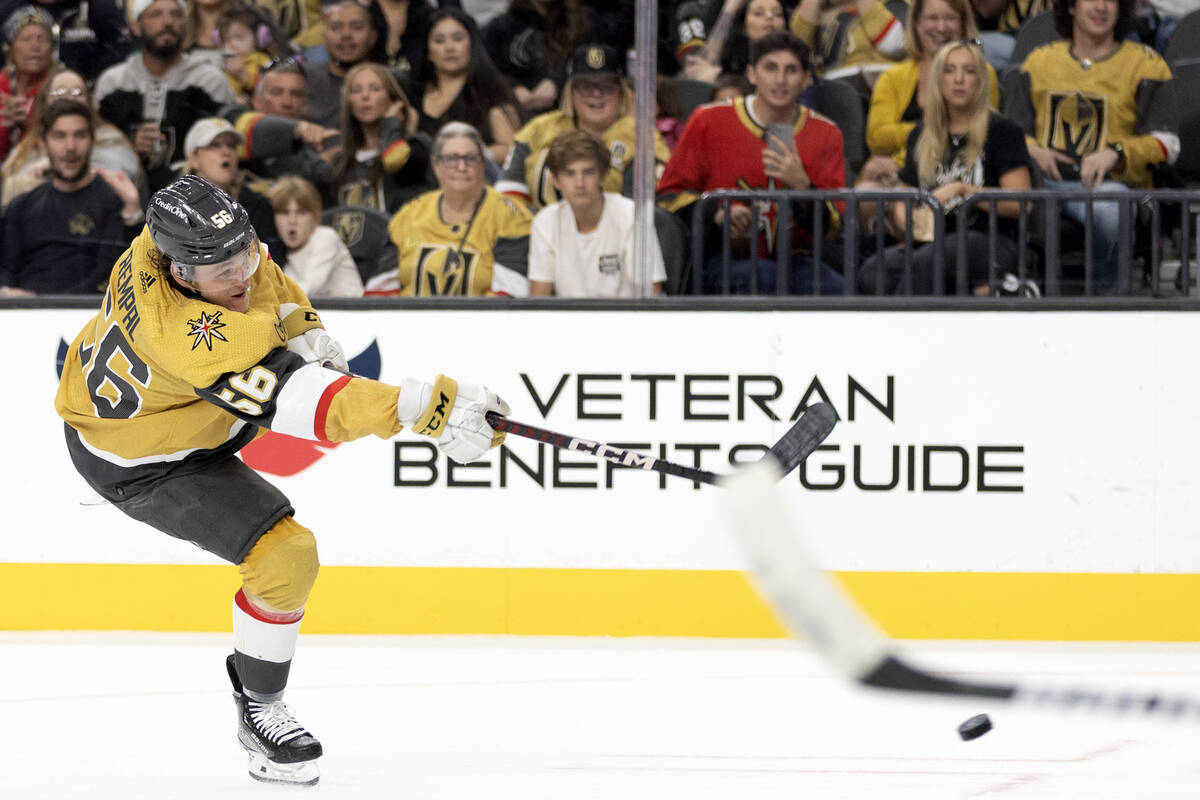 Golden Knights forward Sheldon Rempal (56) during the third period of an NHL preseason hockey g ...