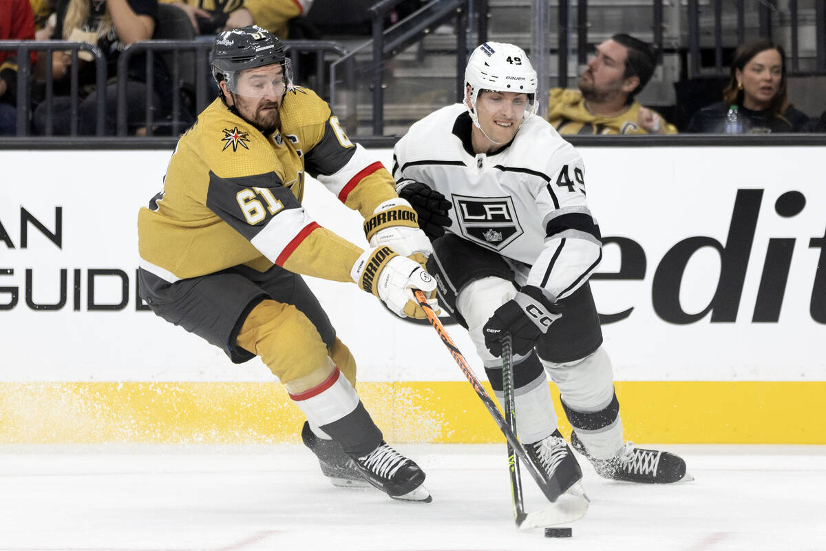 Golden Knights right wing Mark Stone (61) skates for the puck against Kings defenseman Steven S ...