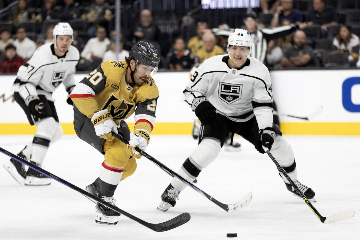 Golden Knights center Chandler Stephenson (20) skates up the ice before attempting a goal while ...