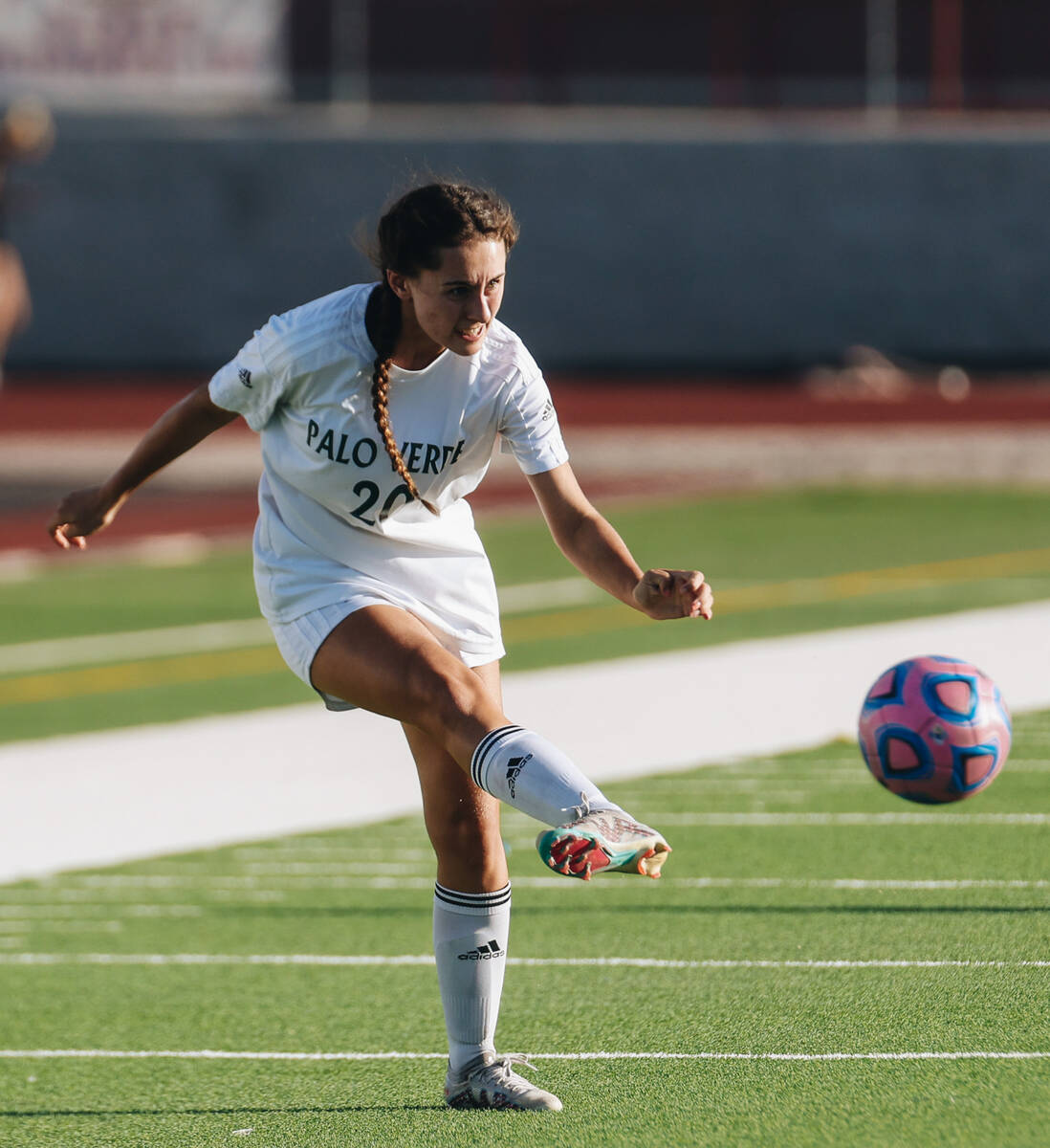 Palo Verde forward Arden Petkewich kicks the ball to a teammate during a game against Coronado ...