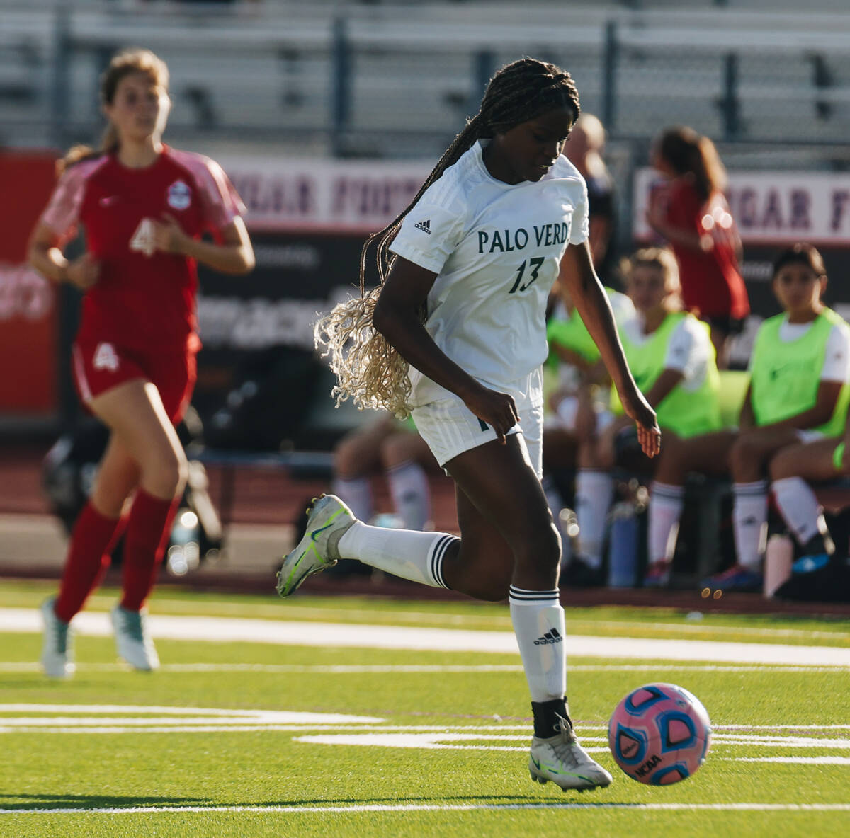 Palo Verde forward India Wilson kicks the ball during a game against Coronado at Coronado High ...