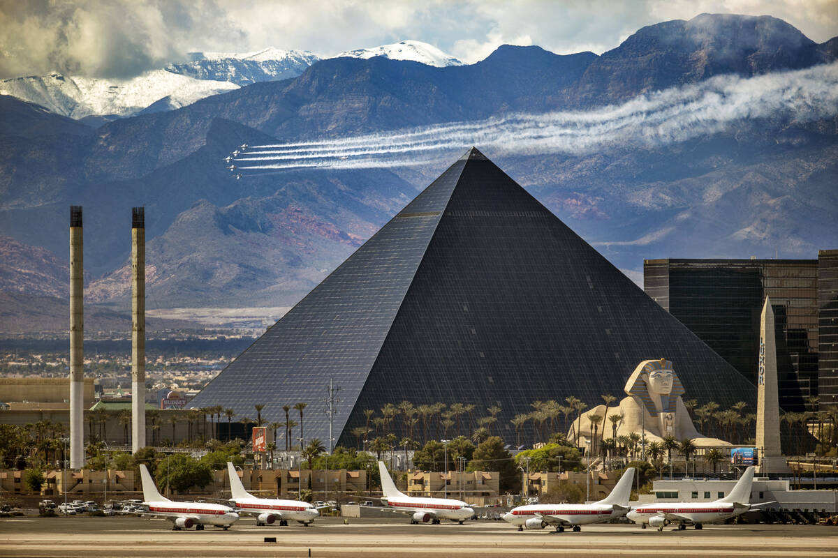 The U.S. Air Force Air Demonstration Squadron Thunderbirds flyover Las Vegas and above the Luxo ...