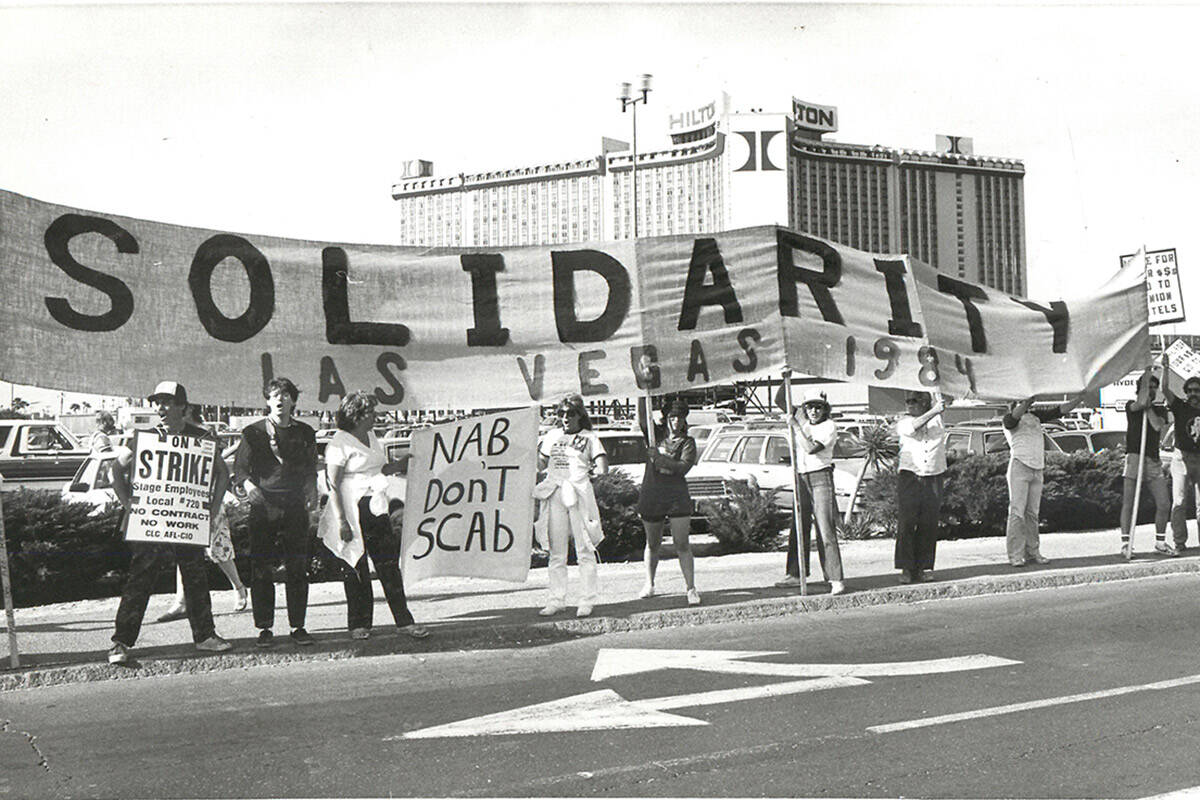 In front of the Hilton Hotel with a huge sign stating solidarity in May 1984. (Las Vegas Review ...