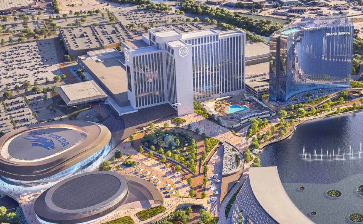 This rendering shows University of Nevada's future off-campus arena, left, set to be completed ...