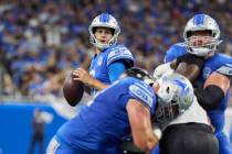 Detroit Lions quarterback Jared Goff (16) drops back to pass against the Atlanta Falcons during ...