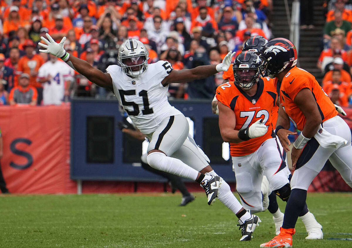 Las Vegas Raiders defensive end Malcolm Koonce (51) plays against the Denver Broncos of an NFL ...